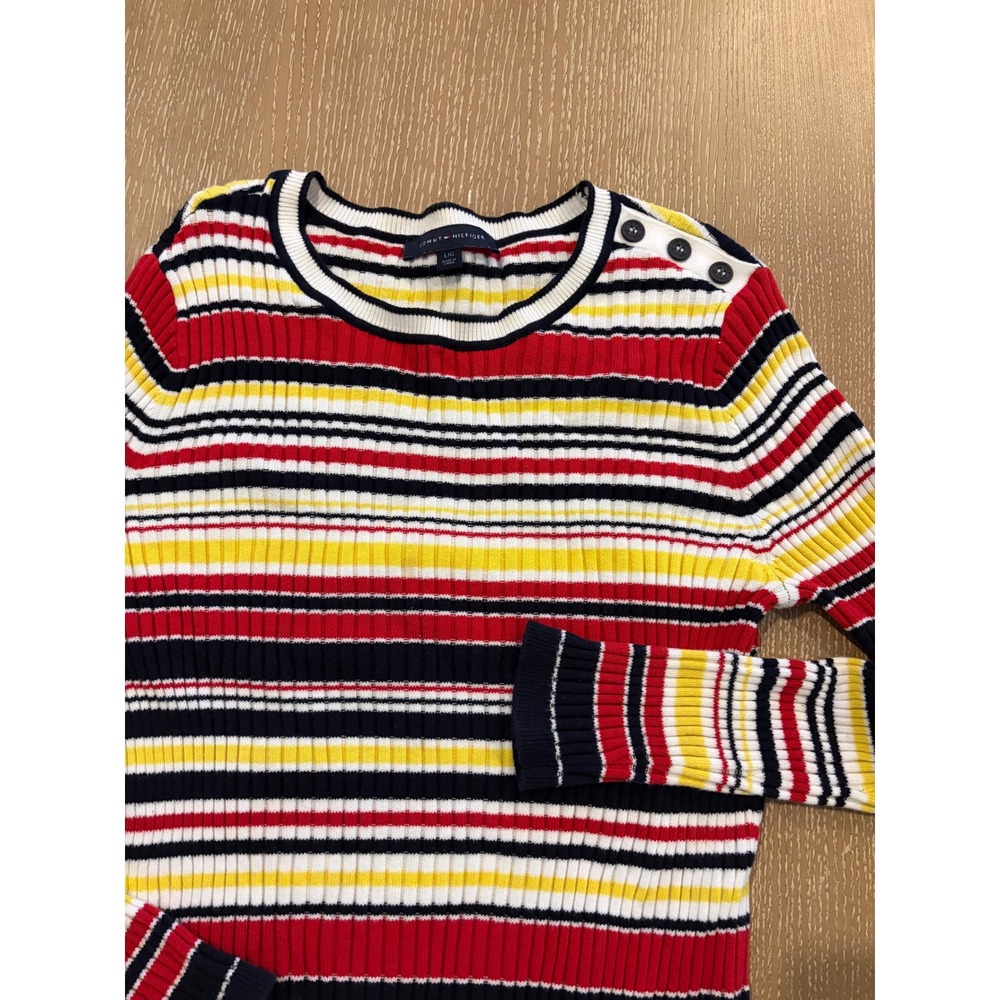 Tommy Hilfiger Women's L Red Yellow Striped Ribbed Knit Sweater Shoulder Buttons